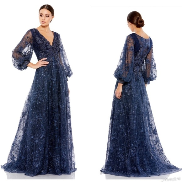 Mac Duggal Embellished Plunge Neck Puff Sleeve A Line Gown - Picture 1 of 12